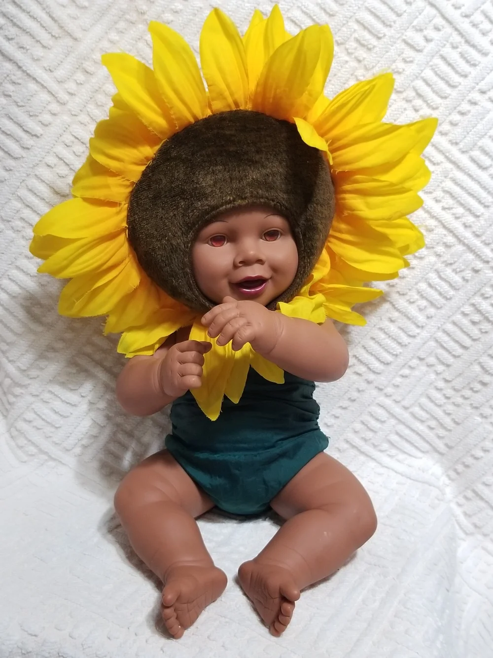 Vintage Anne Geddes Baby Doll With Yellow & Green Sunflower Costume & Headpiece